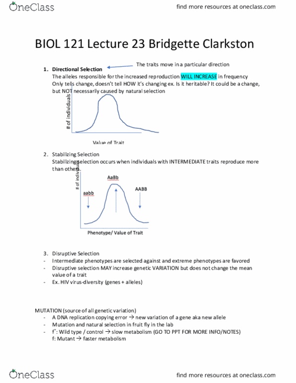 BIOL 121 Lecture Notes - Lecture 26: Allele Frequency, Disruptive Selection, Stabilizing Selection thumbnail