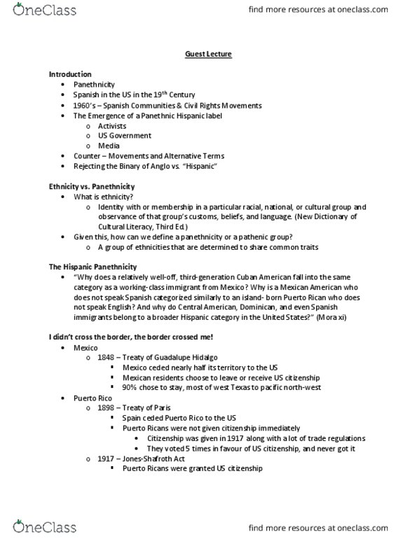 ESP 2302 Lecture Notes - Lecture 10: Panethnicity, Mexican Americans, Cuban Americans thumbnail