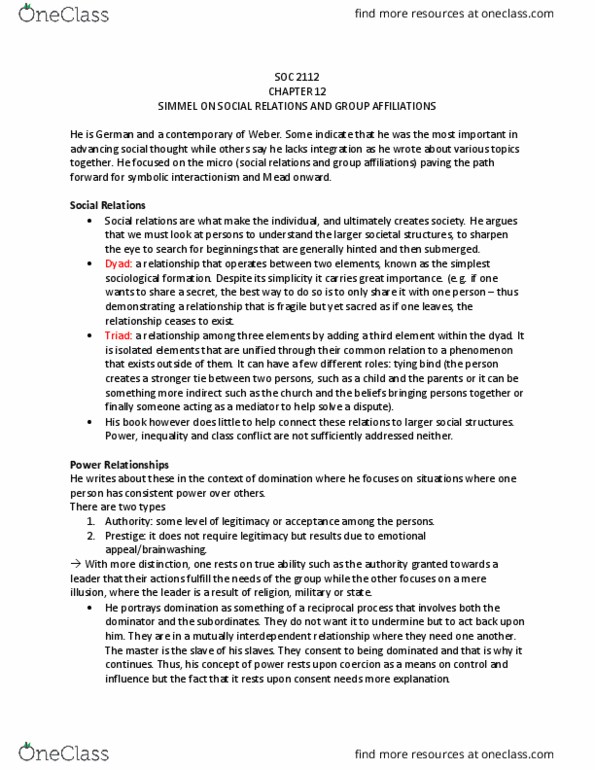 SOC 2112 Chapter Notes - Chapter 12: Symbolic Interactionism, Class Conflict, False Consciousness thumbnail