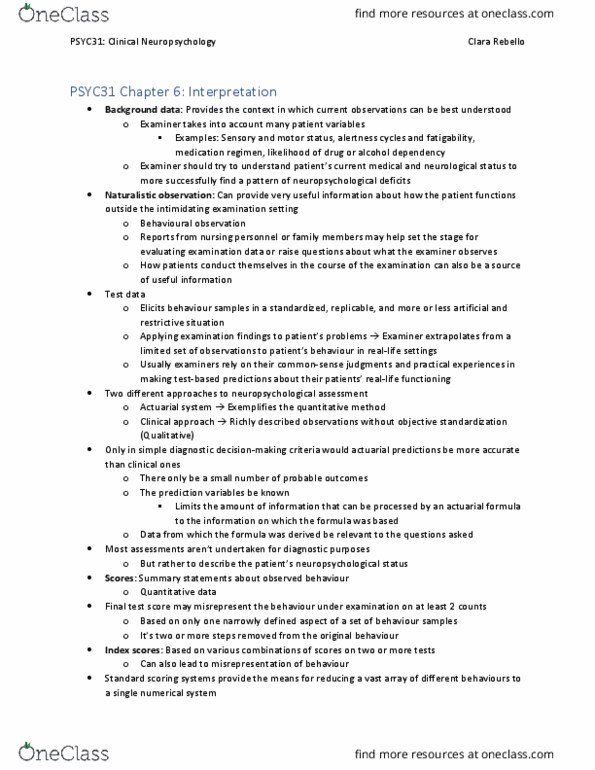 PSYC31H3 Chapter Notes - Chapter 6: Neuropsychological Assessment, Neuropsychological Test, Standard Score thumbnail