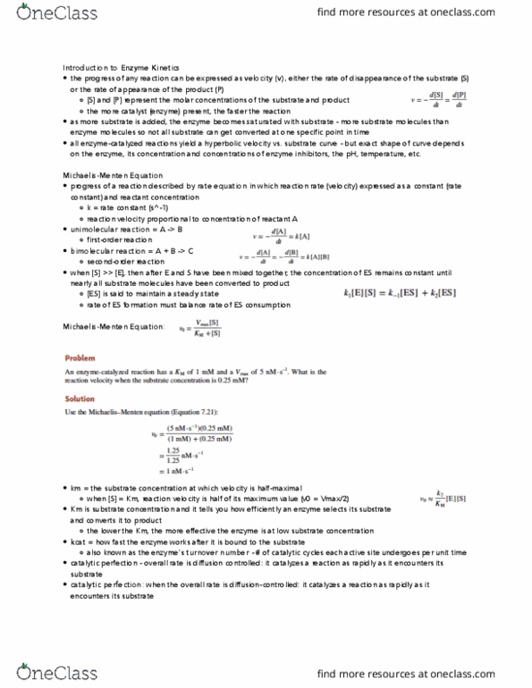 BIOCHEM 3G03 Lecture Notes - Lecture 7: Turnover Number, Enzyme Kinetics, Reaction Rate Constant thumbnail