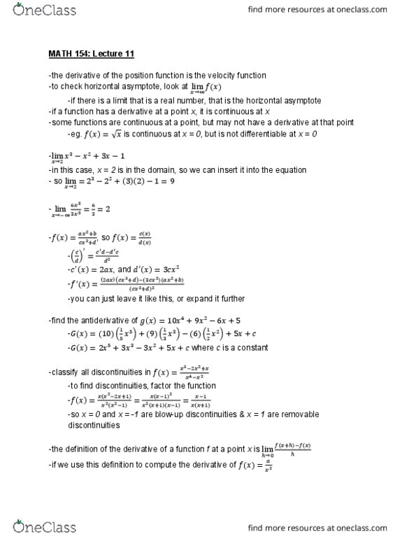 MATH 154 Lecture Notes - Lecture 12: Asymptote, Antiderivative cover image