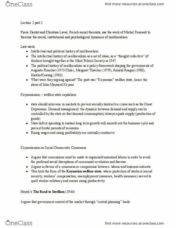 SCLG3601 Lecture Notes - Lecture 2: Mont Pelerin Society, John Maynard Keynes, Michel Foucault thumbnail