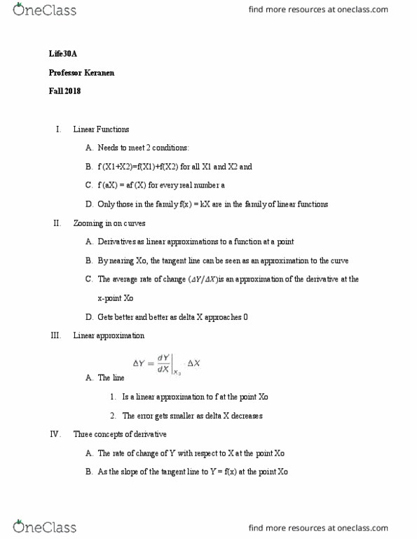 LIFESCI 30A Chapter Notes - Chapter 2.4: Linear Approximation thumbnail