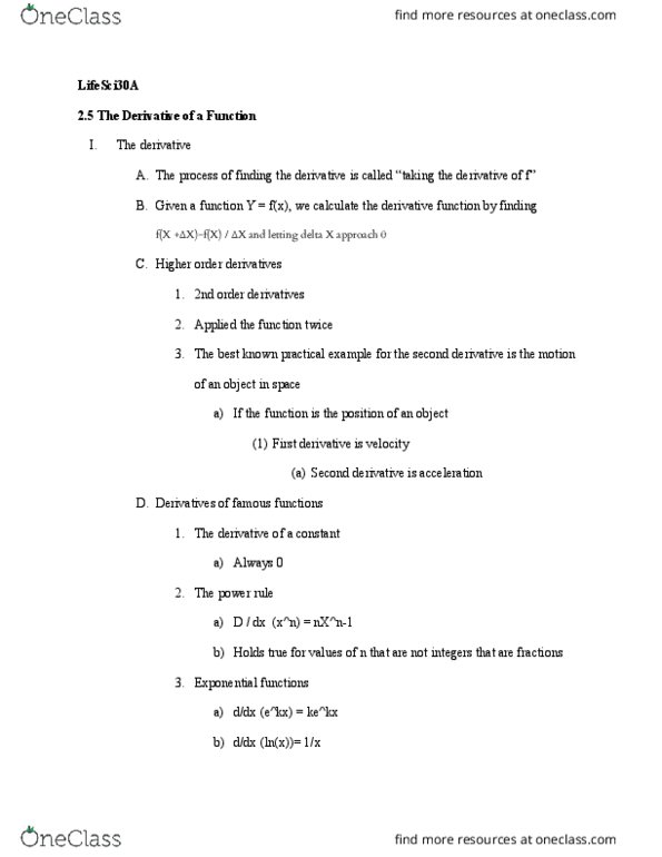 LIFESCI 30A Chapter Notes - Chapter 2.5: Second Derivative, Derivative, Power Rule thumbnail