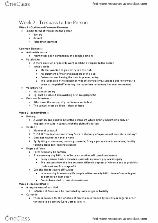 LAW1113 Lecture Notes - Lecture 2: False Imprisonment, Sleepwalking, Blood Test thumbnail