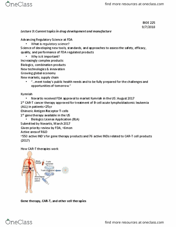 BIOE-225 Lecture Notes - Lecture 3: Biologics License Application, Tisagenlecleucel, Gene Therapy thumbnail