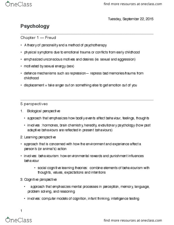 Psychology 1000 Chapter Notes - Chapter 1-2: Heredity, Behaviorism, Sandra Bem thumbnail