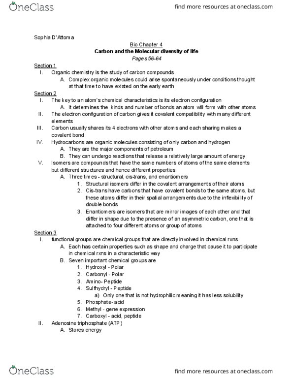 BIO 150 Chapter Notes - Chapter 4: Asymmetric Carbon, Electron Configuration, Polar 3 thumbnail