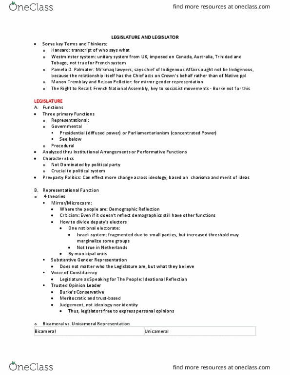 POLI 201 Lecture Notes - Lecture 32: Westminster System, Bicameralism, Presidential System thumbnail