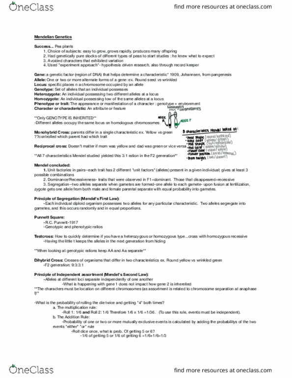 GEN-3000 Lecture Notes - Lecture 3: Punnett Square, Mutual Exclusivity, Mendelian Inheritance thumbnail