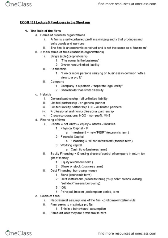 ECON 101 Lecture Notes - Lecture 9: Limited Liability Partnership, Legal Personality, Limited Partnership cover image