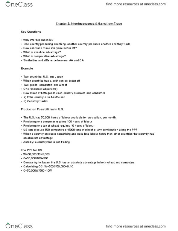 ECON 1001 Lecture Notes - Lecture 3: Absolute Advantage, Autarky, Comparative Advantage thumbnail