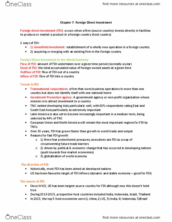 COMMERCE 4SA3 Chapter Notes - Chapter 7: Foreign Direct Investment, Greenfield Project, Comparative Advantage thumbnail