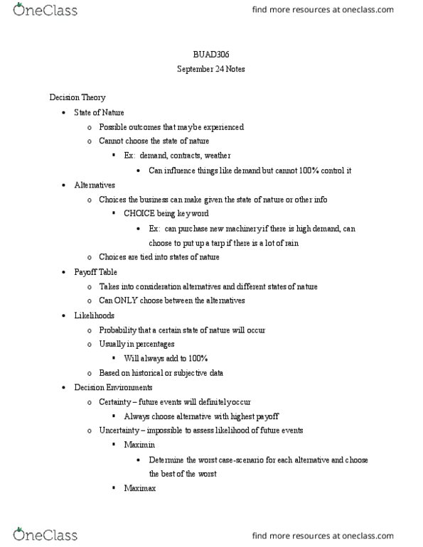 BUAD306 Lecture Notes - Lecture 9: Decision Theory thumbnail