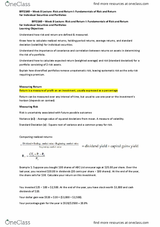 BFF2140 Lecture Notes - Lecture 8: Squared Deviations From The Mean, Risk Premium, Standard Deviation thumbnail