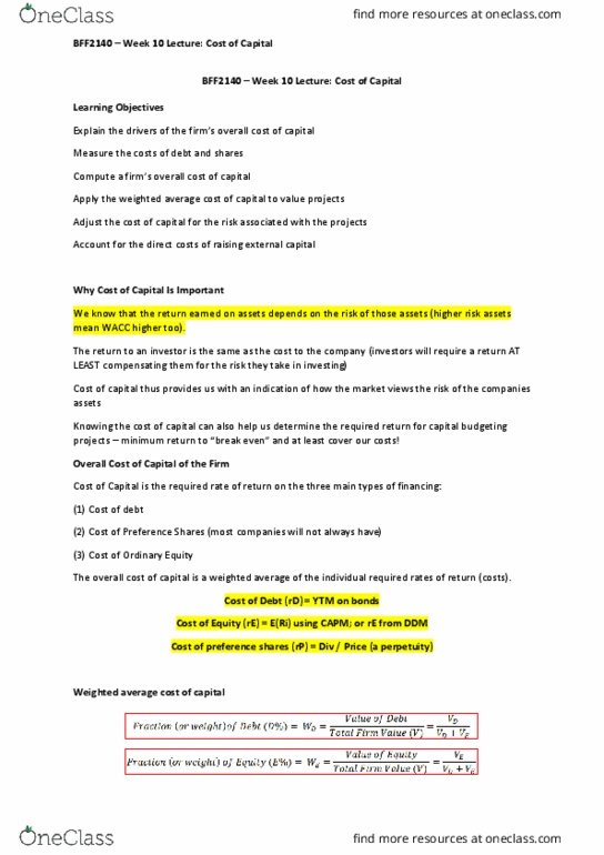 BFF2140 Lecture Notes - Lecture 10: Preferred Stock, Weighted Arithmetic Mean, Capital Budgeting thumbnail