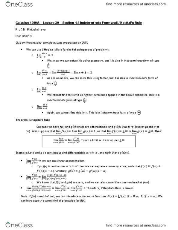 Calculus 1000A/B Lecture Notes - Lecture 30: Indeterminate Form thumbnail
