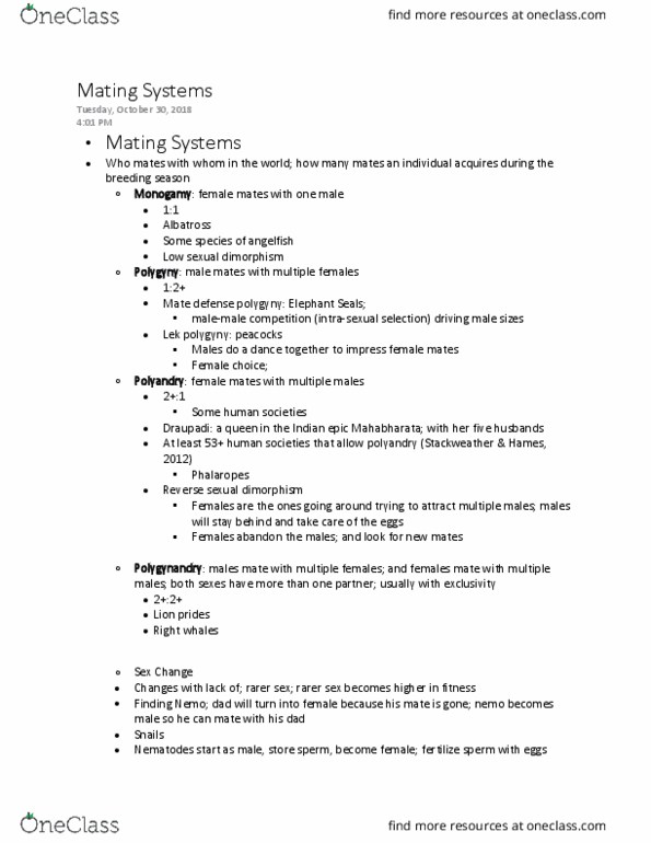 BIOL 290 Lecture Notes - Lecture 9: Polygynandry, Nuptial Gift, Parental Investment thumbnail