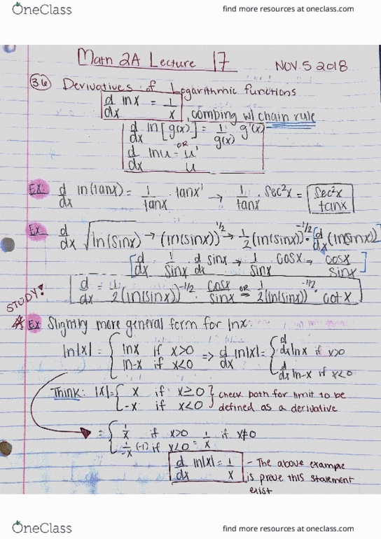 MATH 2A Lecture 17: 44080-Math 2A Lecture 17 Notes-Derivatives of Logarithmic Functions cover image