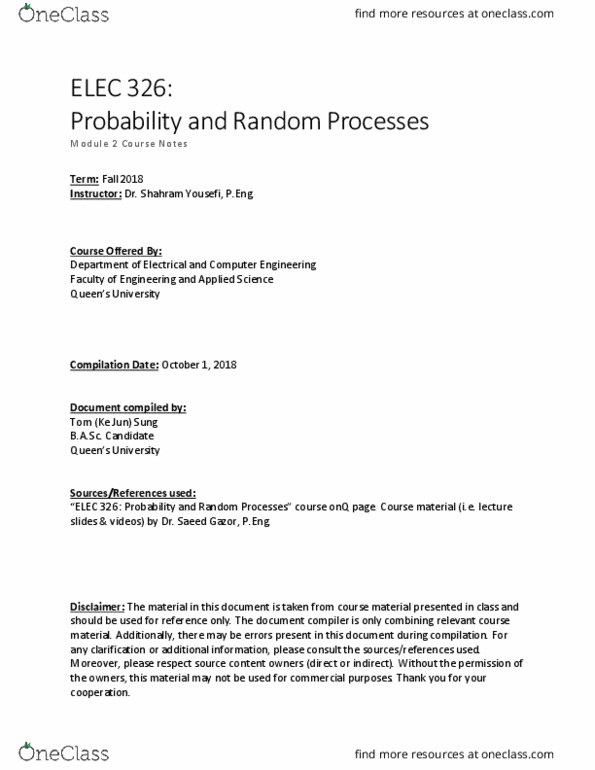 ELEC 326 Lecture Notes - Lecture 1: Bachelor Of Applied Science, Computer Engineering, Sample Space thumbnail