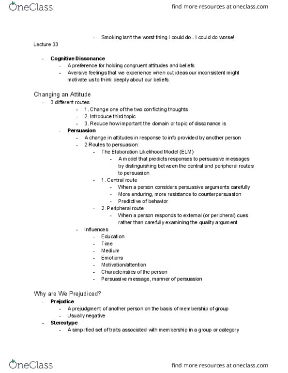 PSYCH 1100 Lecture Notes - Lecture 33: Elaboration Likelihood Model, Stereotype, Information Processing cover image