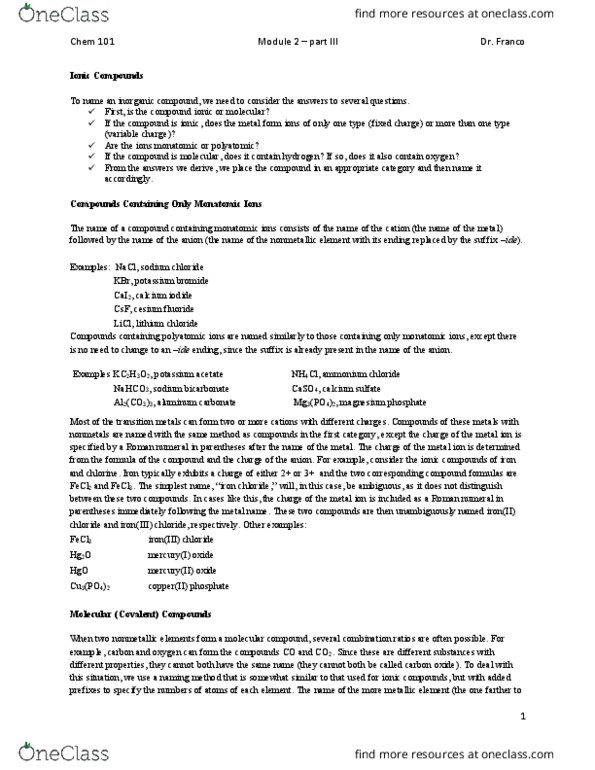 CHEM 101 Lecture Notes - Lecture 6: Iron(Iii) Chloride, Mercury(Ii) Oxide, Iron(Ii) Chloride thumbnail