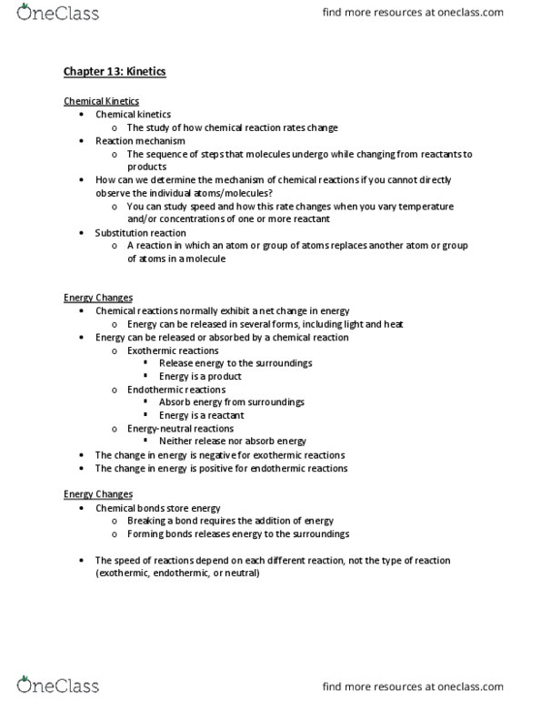 CHEM-C 101 Lecture Notes - Lecture 34: Chemical Kinetics, Substitution Reaction thumbnail