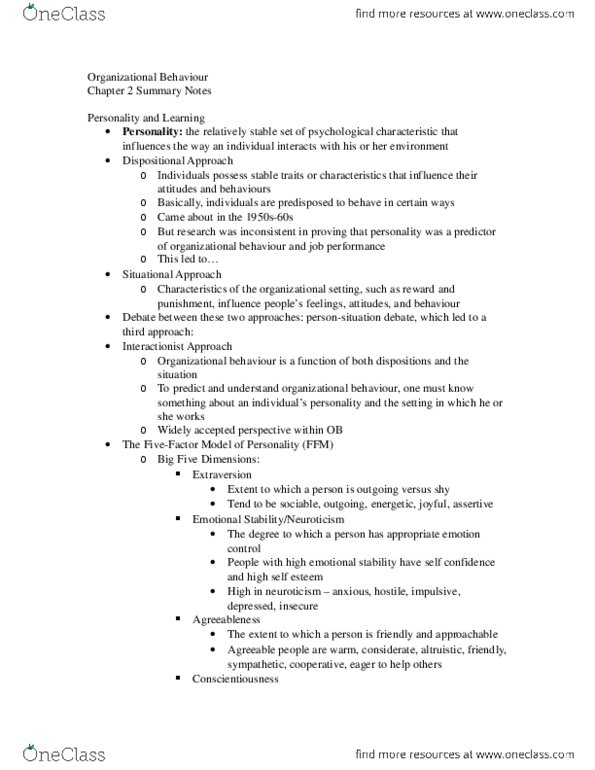 Management and Organizational Studies 2181A/B Chapter Notes - Chapter 2: Extraversion And Introversion, Conscientiousness, Agreeableness thumbnail
