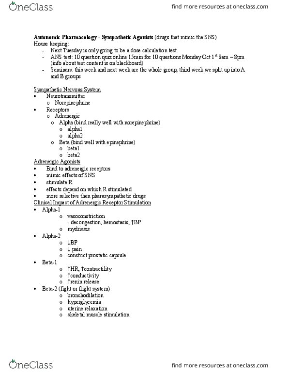 NURS 3550H Lecture Notes - Lecture 3: Mydriasis, Adrenergic, Hemostasis thumbnail