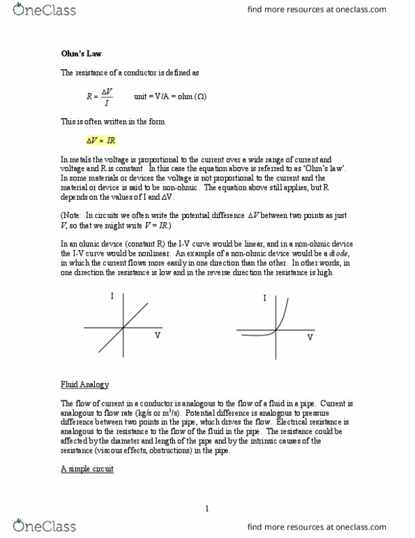 PH 102 Lecture Notes - Lecture 9: Ohmic Contact, Electrical Resistance And Conductance, Voltage thumbnail