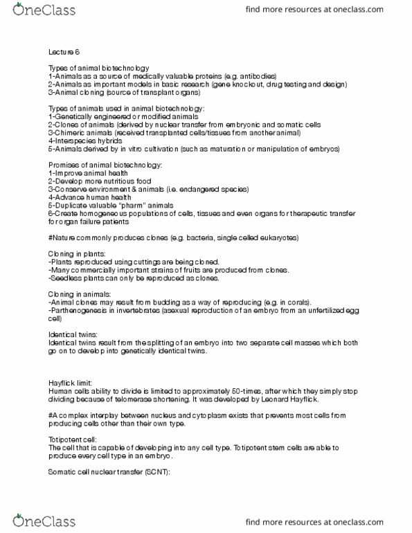 BIOL 1010 Lecture Notes - Lecture 6: Somatic Cell Nuclear Transfer, Embryonic Stem Cell, Nuclear Transfer thumbnail