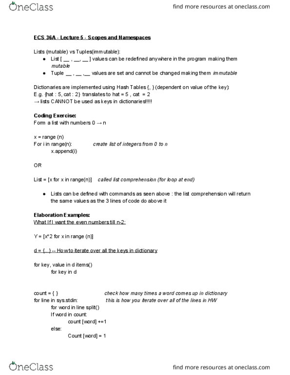 ECS 36A Lecture Notes - Lecture 5: List Comprehension, Tuple, Nested Function cover image