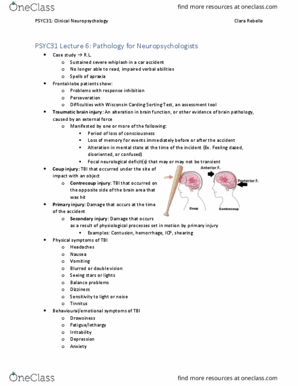 PSYC31H3 Lecture Notes - Lecture 6: Traumatic Brain Injury, Brain Injury, Diplopia thumbnail