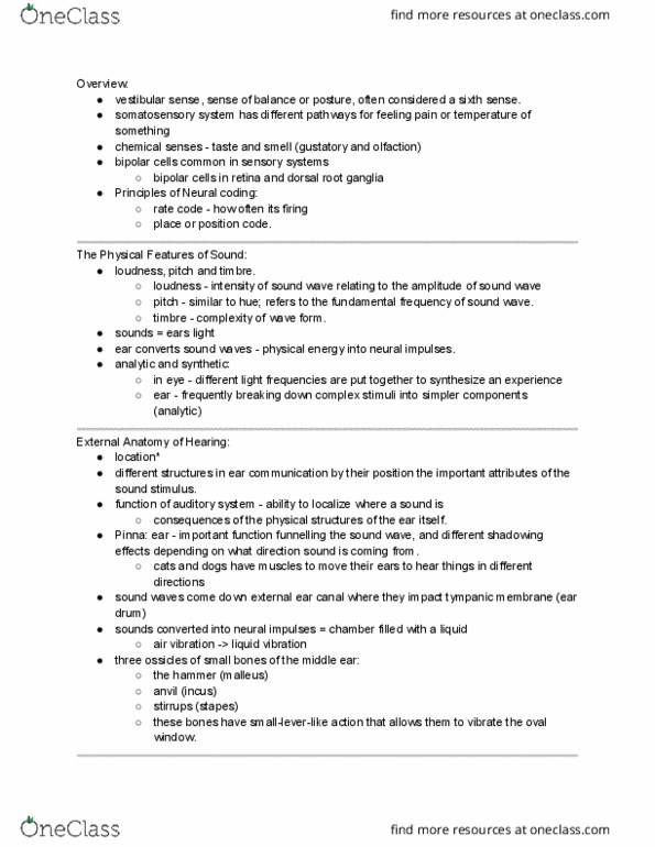 PSYCH261 Lecture Notes - Lecture 6: Dorsal Root Ganglion, Oval Window, Sound thumbnail