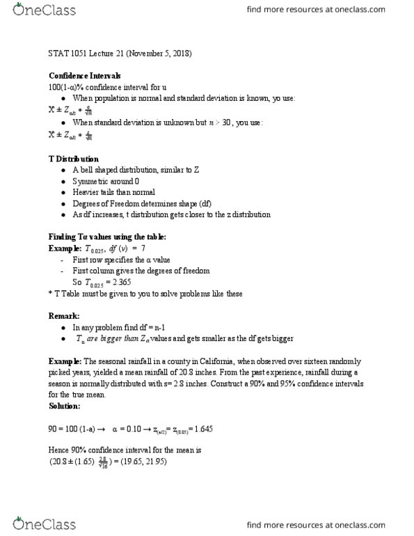 STAT 1051 Lecture Notes - Lecture 21: Confidence Interval, Standard Deviation cover image