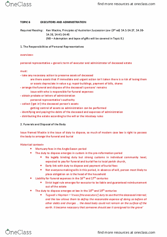 LAWS4236 Lecture Notes - Lecture 6: Intestacy, Personal Representative, Statutory Interpretation thumbnail