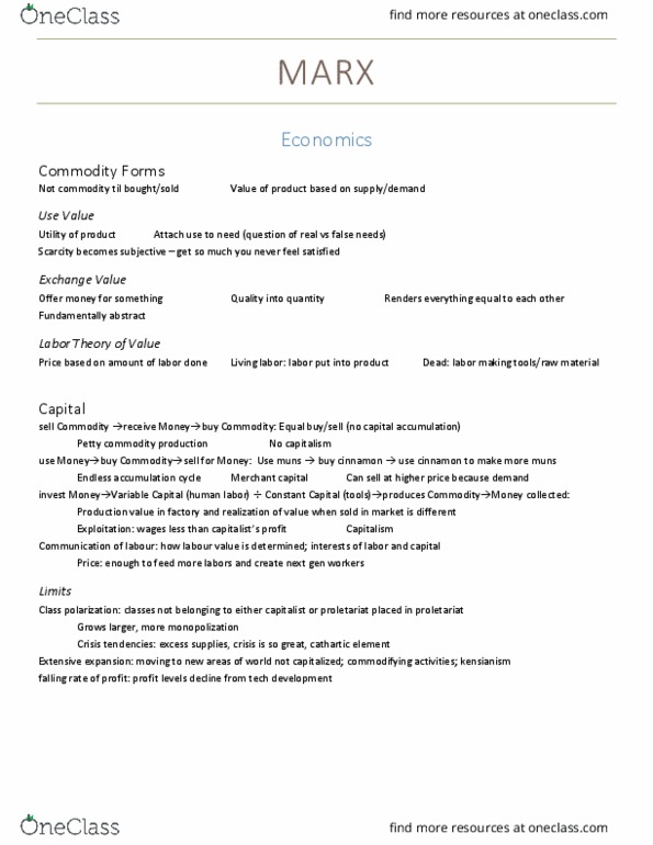 SOCI 3692 Lecture Notes - Lecture 4: Capital Accumulation, Proletariat, Class Consciousness thumbnail