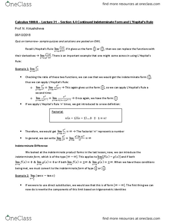 Calculus 1000A/B Lecture Notes - Lecture 31: Indeterminate Form, List Of Trigonometric Identities cover image