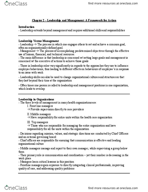 Health Sciences 3040A/B Chapter Notes - Chapter 2: Organizational Culture, Transactional Leadership, Chief Operating Officer thumbnail