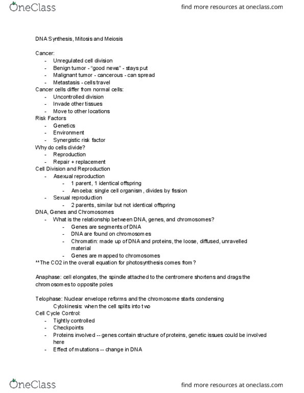 BISC104 Lecture Notes - Lecture 7: Benign Tumor, Nuclear Membrane, Asexual Reproduction thumbnail