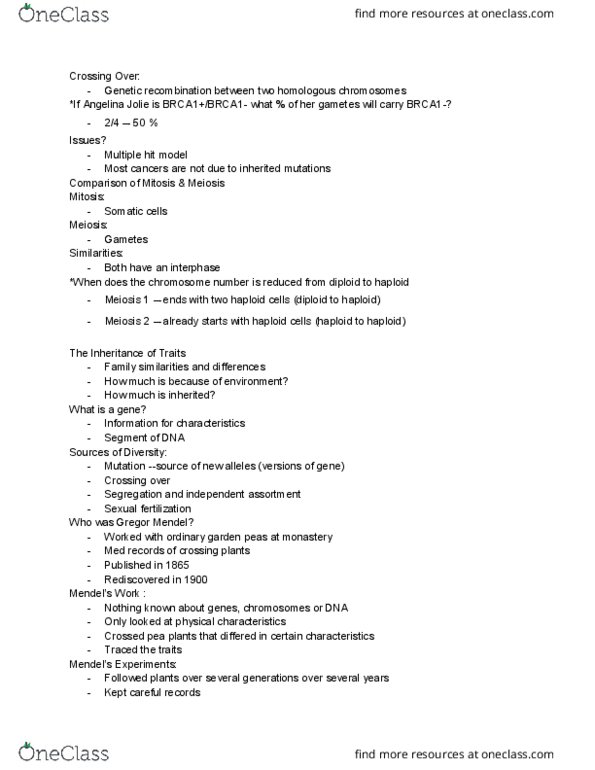 BISC104 Lecture Notes - Lecture 2: Angelina Jolie, Gregor Mendel, Brca1 thumbnail