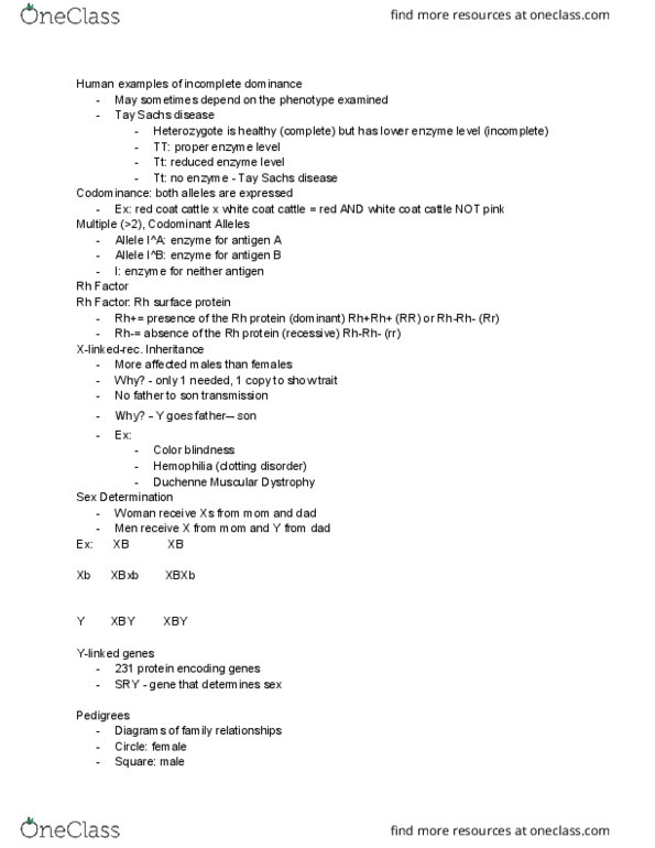 BISC104 Lecture Notes - Lecture 3: Tay–Sachs Disease, Rh Blood Group System, Color Blindness thumbnail