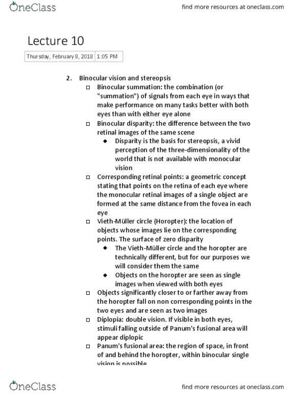 PSYC 212 Lecture Notes - Lecture 10: Binocular Summation, Binocular Disparity, Monocular Vision thumbnail