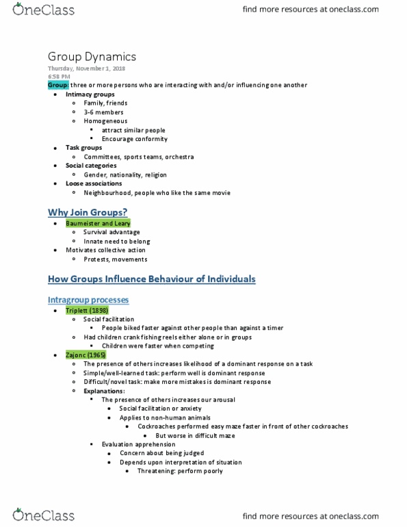 Psychology 2070A/B Lecture Notes - Lecture 8: Group Dynamics, Social Facilitation, Insular Cortex thumbnail