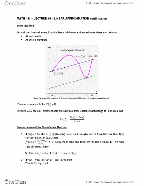 MATH114 Lecture Notes - Lecture 19: Mean Value Theorem, Lincoln Near-Earth Asteroid Research, Inflection cover image