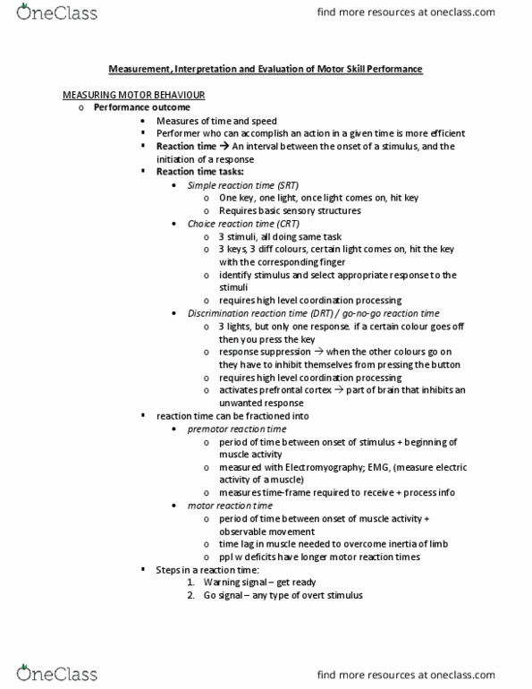 Kinesiology 1080A/B Lecture Notes - Lecture 6: Prefrontal Cortex, Mental Chronometry, Electromyography thumbnail