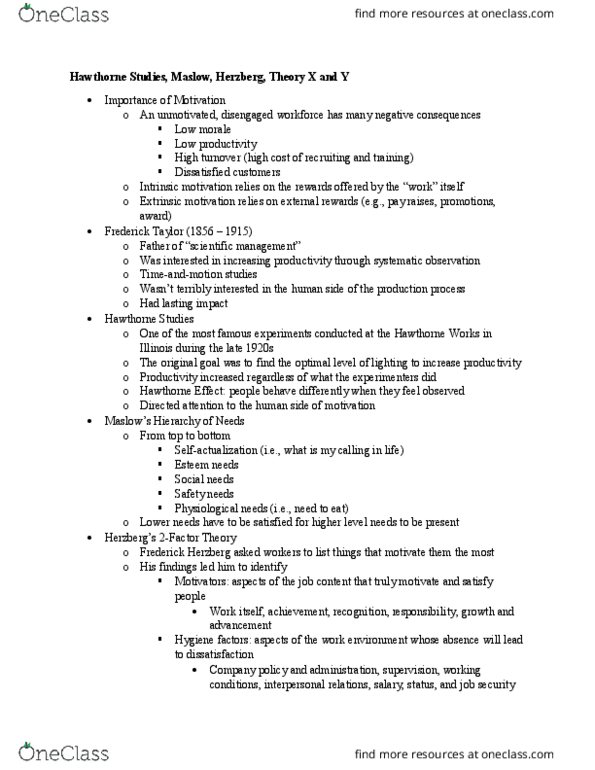 MGMT 1 Lecture Notes - Lecture 9: Hawthorne Works, Hawthorne Effect, Motivation thumbnail