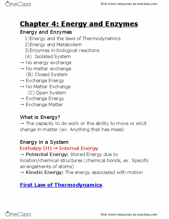 BIOL 1000 Lecture Notes - Lecture 11: Thermodynamics, Enthalpy, Chemical Reaction thumbnail