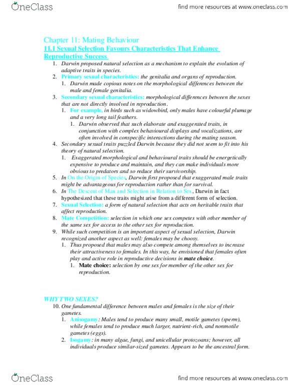 LIFESCI 2D03 Chapter Notes - Chapter 11: Isogamy, Anisogamy, Guppy thumbnail